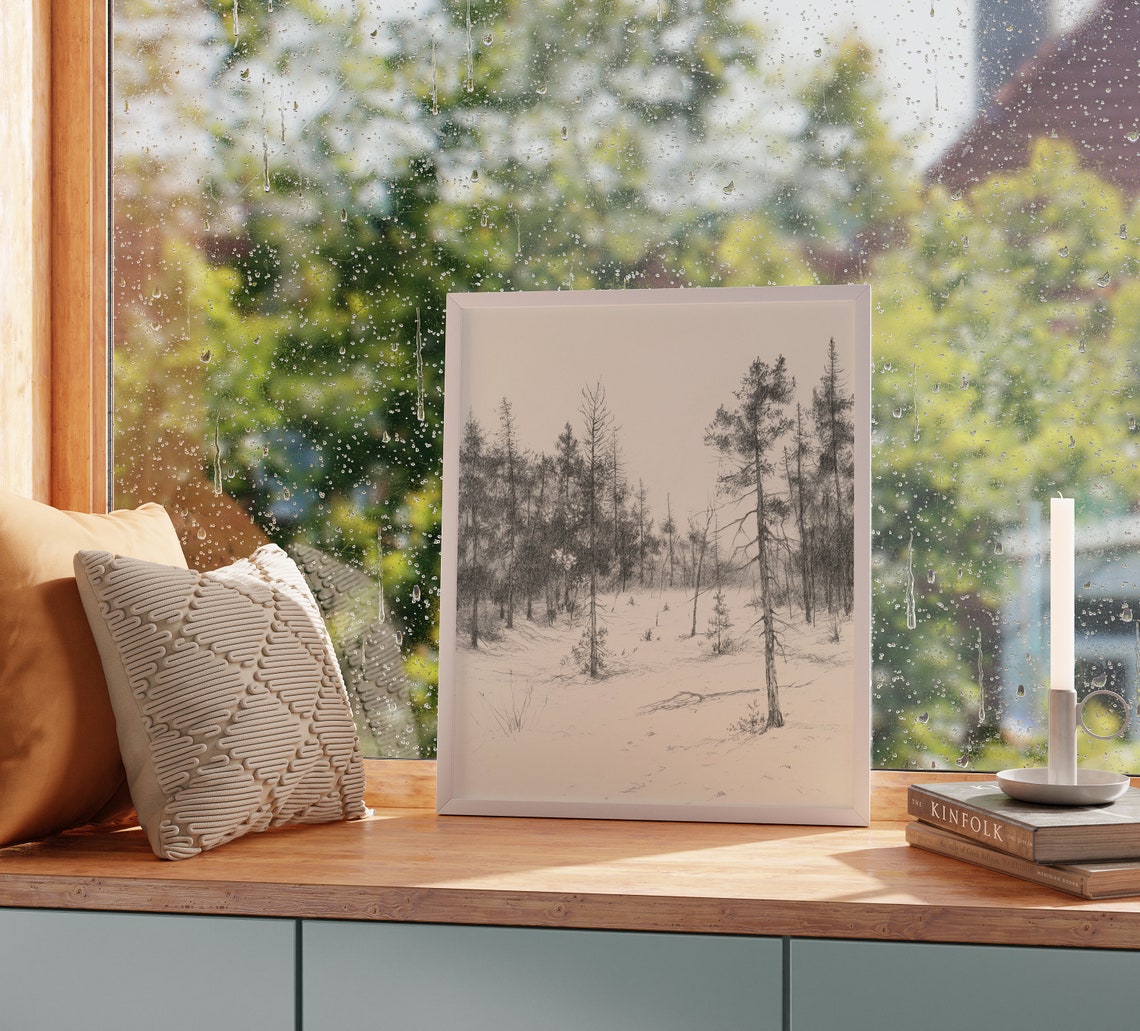 Quiet Sparse Pine Trees In Snowy Winter Forest Sketch Poster Art - Image 2