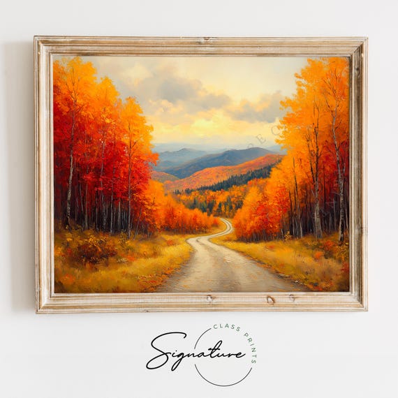 Rustic Fall Lane With Bright Trees And Scenic Hills Earthy Autumn Landscape Moody Countryside Road Wall Art Decor 1938