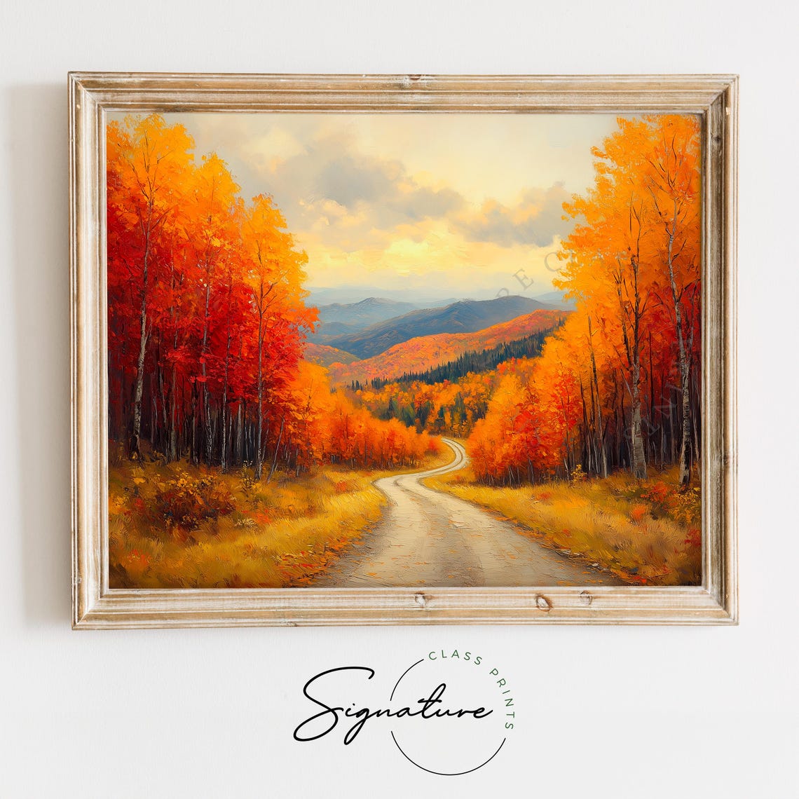 Winding Mountain Road Through Fiery Autumn Forest Valley Print