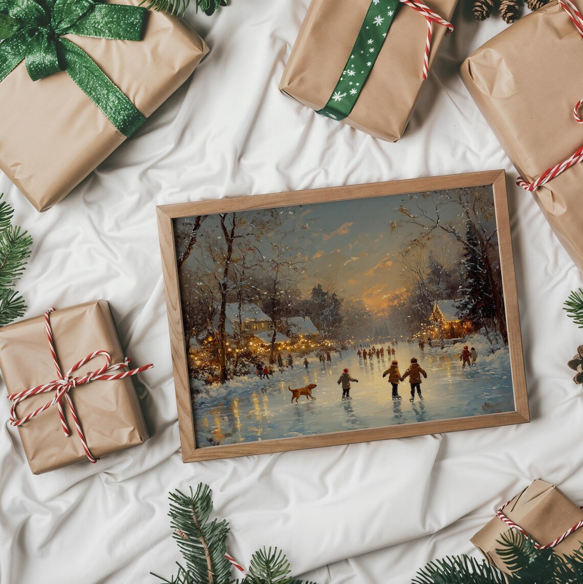 Children Ice Skating on a Frozen Pond in a Snowy Village Sunset Poster - Image 2