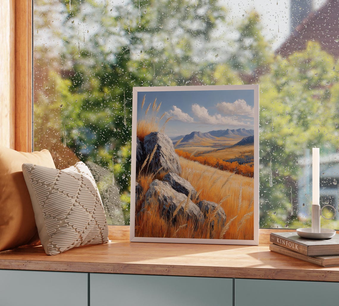 Rocky Autumn Hillside With Golden Grass Under Blue Mountain Sky Poster - Image 2