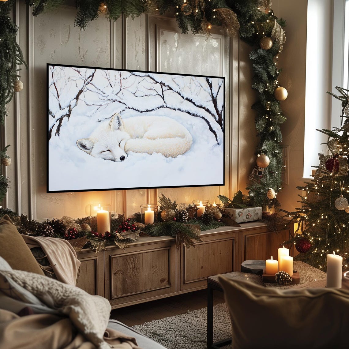 White Fox Sleeping Curled in Snow Bare Winter Branches Poster - Image 3