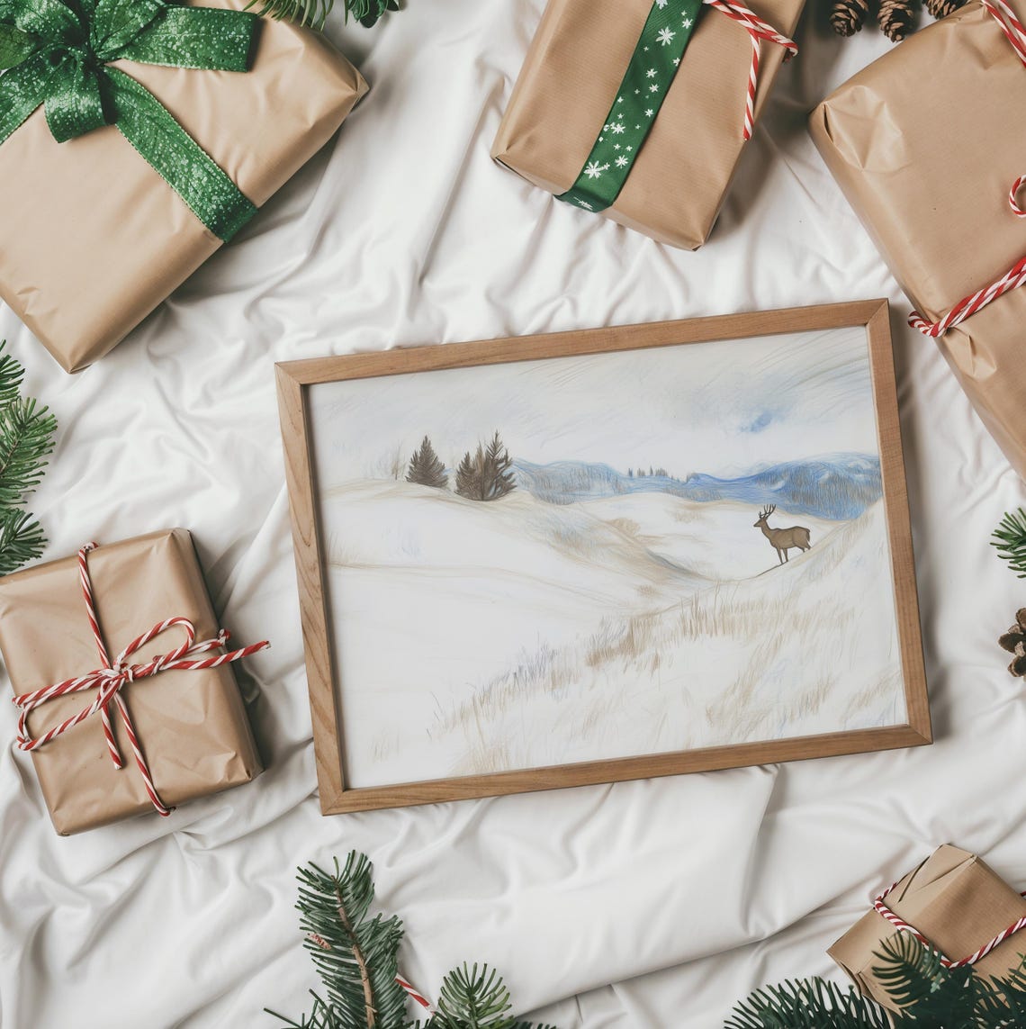 Lone Deer On A Vast Snowy Hillside Soft Winter Sketch Poster - Image 2