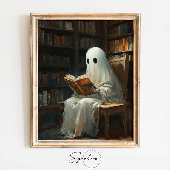 Cute Ghost Reading In Library Painting Whimsical Halloween Art Vintage Book Decor Cozy Haunted Library Wall Art 1174