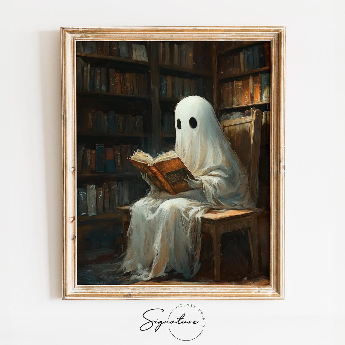 Cute Ghost Reading In Library Painting Whimsical Halloween Art Vintage Book Decor Cozy Haunted Library Wall Art 1174