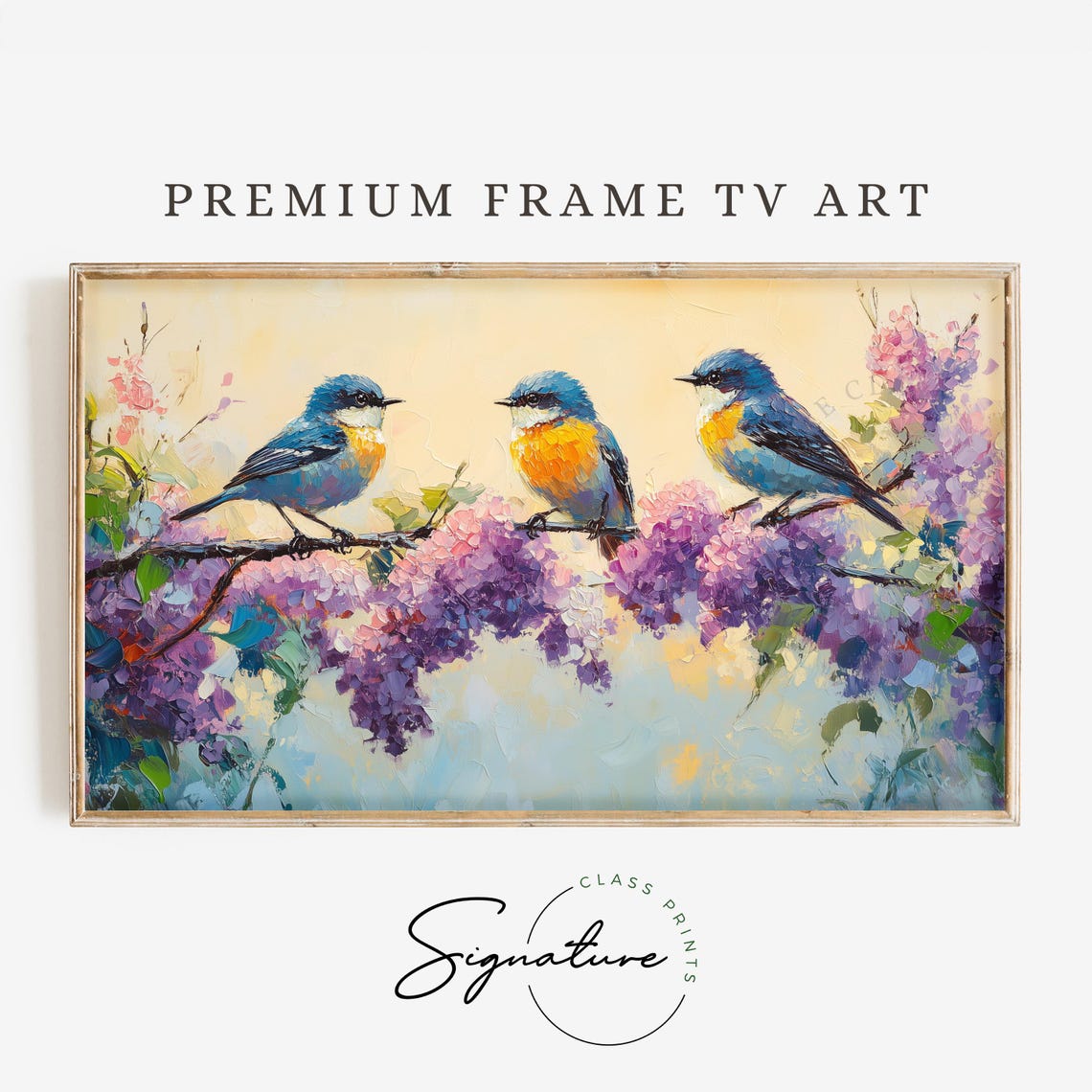 Warbler Trio On Blooming Lilac Cottagecore Bird Frame Art Print