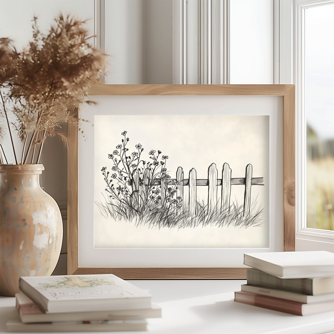 Wildflowers by a Wooden Picket Fence Pencil Sketch Botanical Poster - Image 2