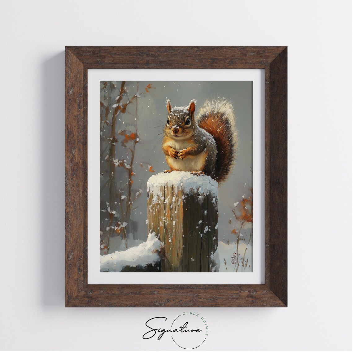 Red Squirrel Snowy Tree Stump Winter Woodland Animal Oil Painting Poster - Image 2