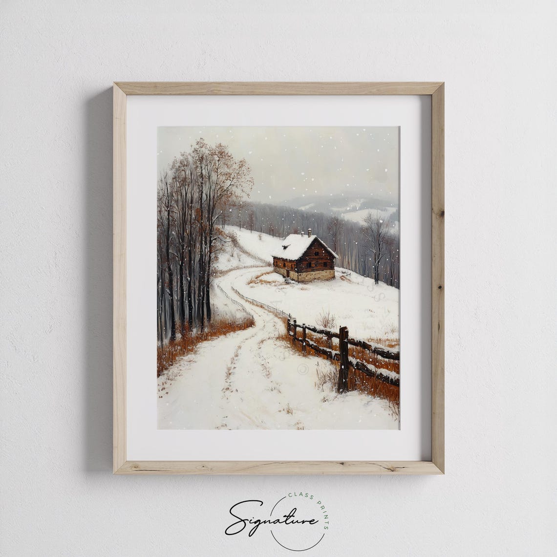 Snowy Log Cabin in Winter with Falling Snow Winding Path Poster - Image 2