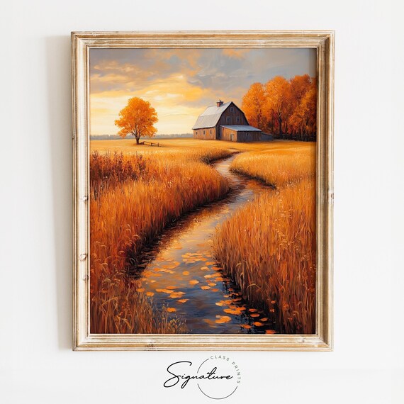 Gray Wooden Barn Beside Winding Stream Through Wheat at Sunset Wall Art