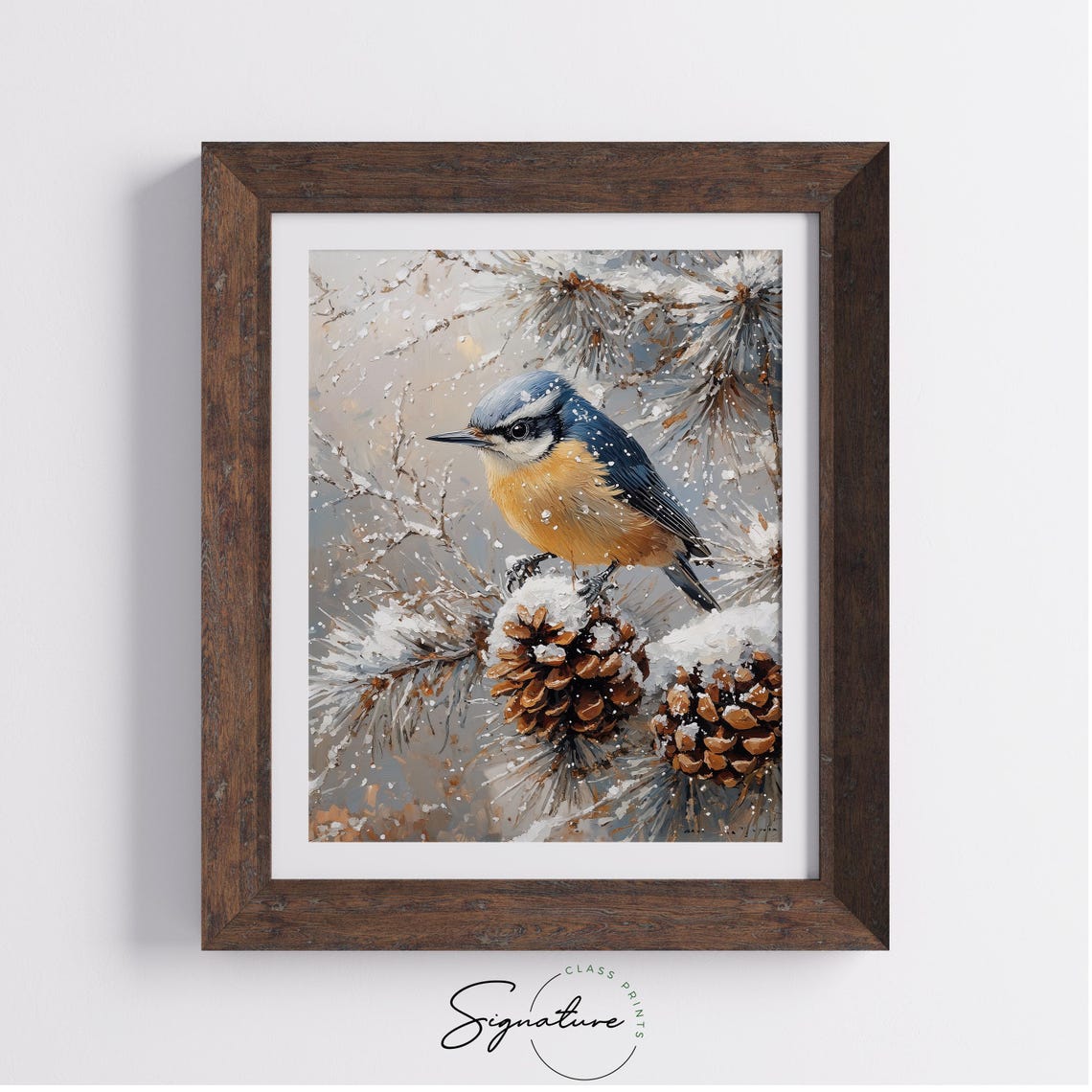 Nuthatch Perched On Snowy Pinecone Frosty Evergreen Bird Art Poster - Image 2