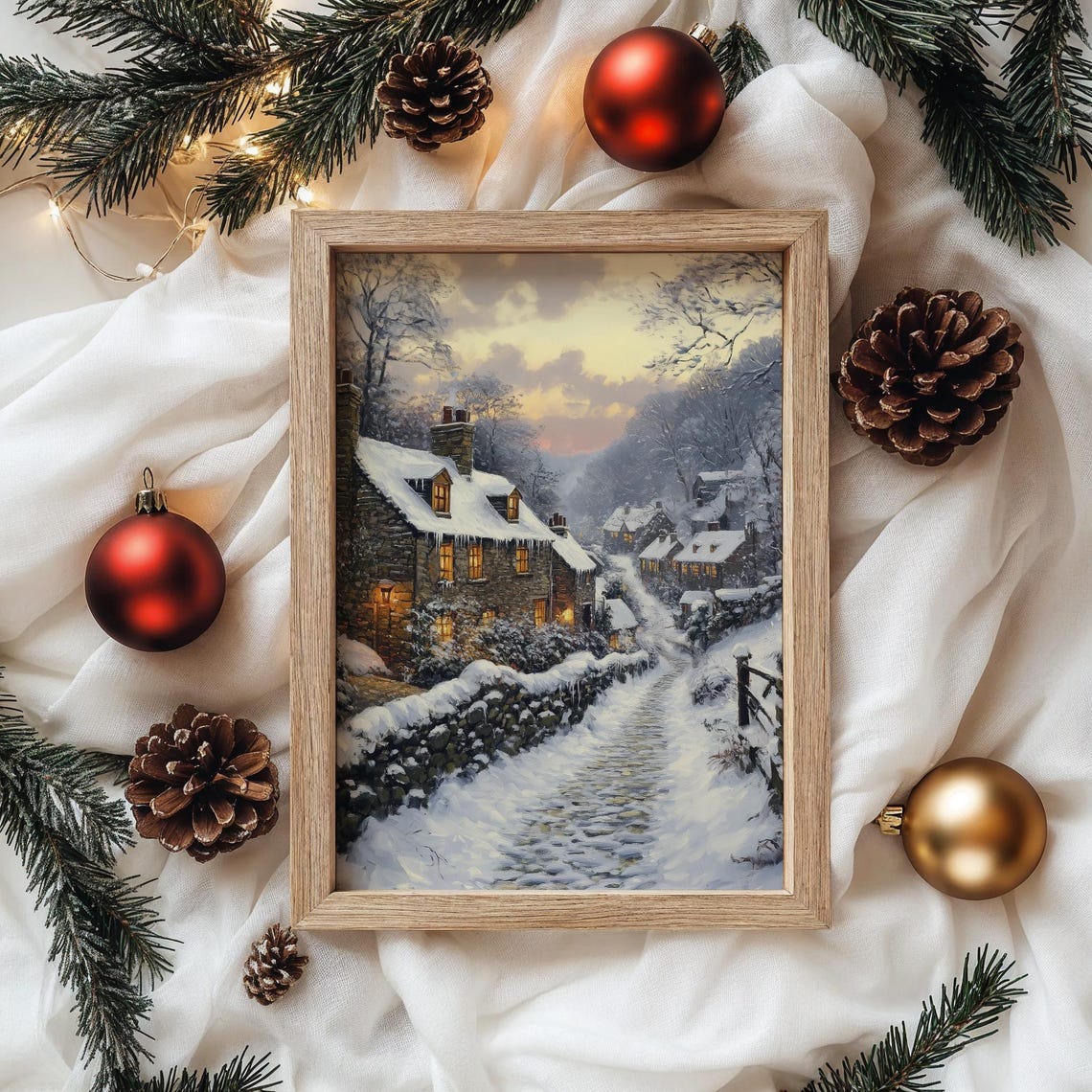 Snowy Cottage Lane With Glowing Windows Winter Village Poster - Image 4