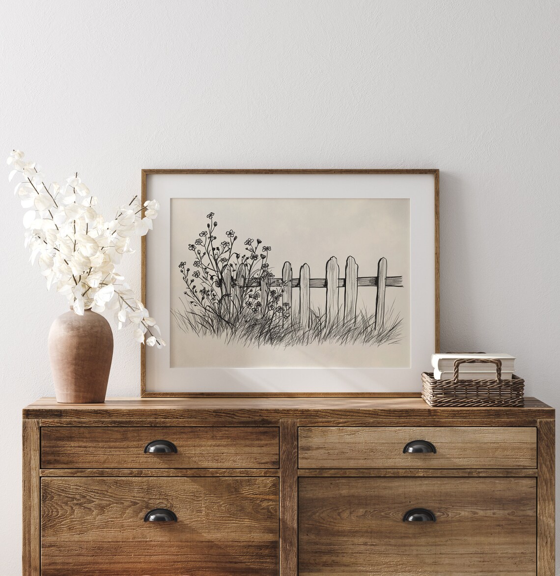 Wildflowers by a Wooden Picket Fence Pencil Sketch Botanical Poster - Image 3