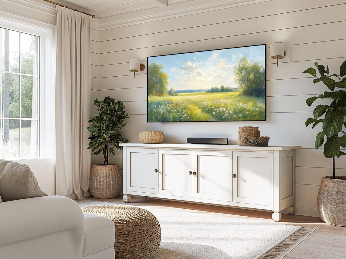 Spring Meadow Daisy Field Under Bright Blue Sky Landscape Poster - Image 3