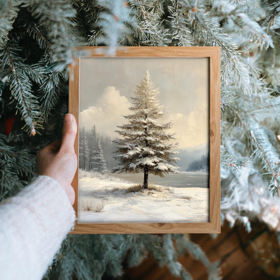 Single Snowy Pine Tree by Frozen Lake Shore Winter Morning Poster - Image 6