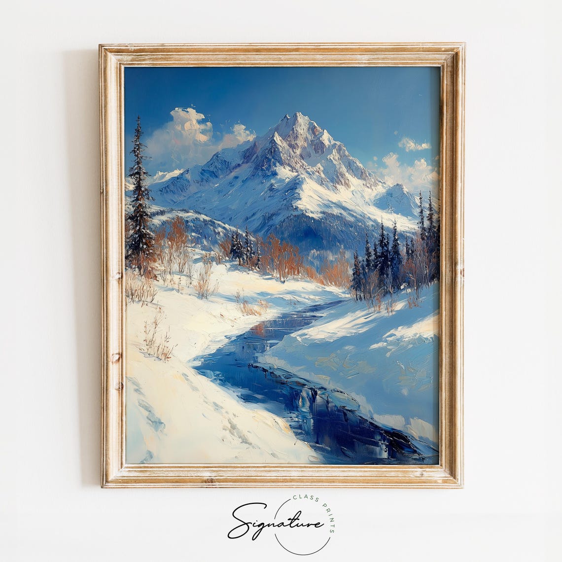 Snowy Mountain Peak With Pine Trees And Winding Stream Poster