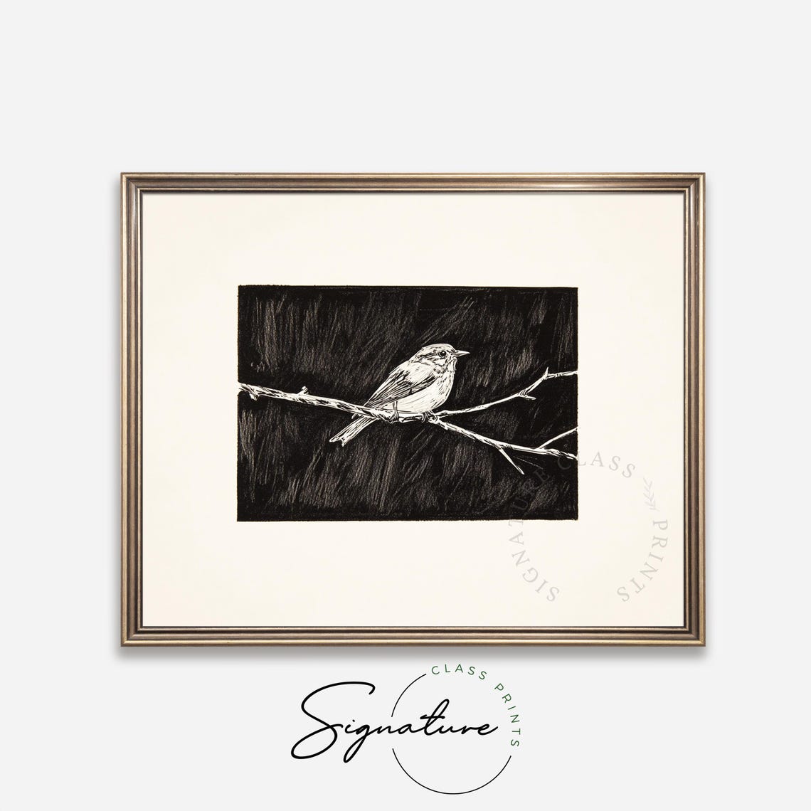 White Songbird On Branch Black Background Scratchboard Style Poster - Image 4