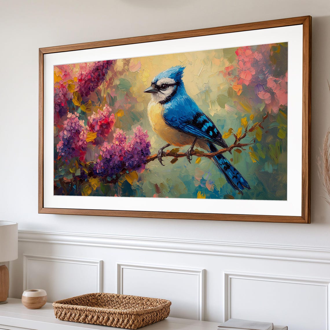 Blue Jay On Blooming Lilac Branch Impasto Floral Bird Poster - Image 2