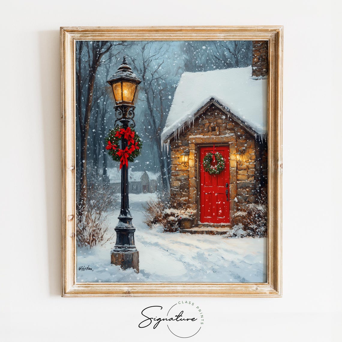Glowing Christmas Lamppost with Wreath by a Cottage in Snow Poster