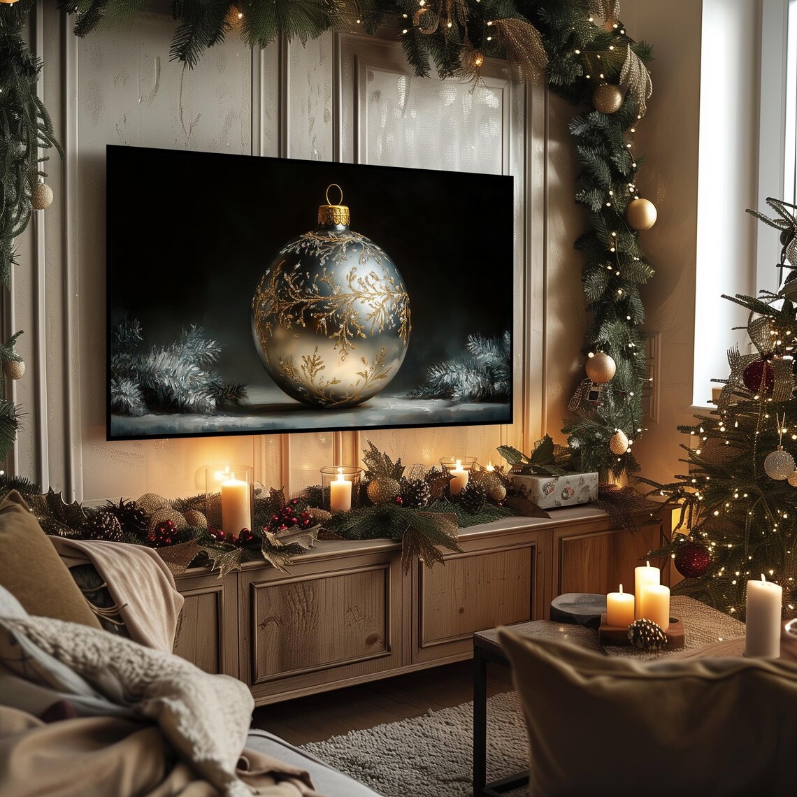 Silver Christmas Ornament With Gold Fern on Black Holiday Art Poster - Image 3