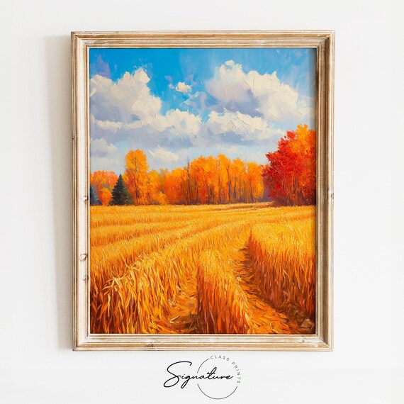 Golden Wheat Field Rows Autumn Treeline Dramatic Clouds Sky Poster