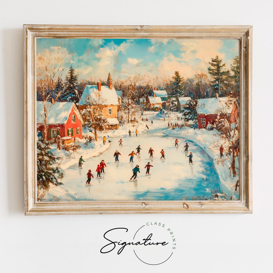 Village Skaters On A Frozen River Beneath Snow Covered Cottages Poster