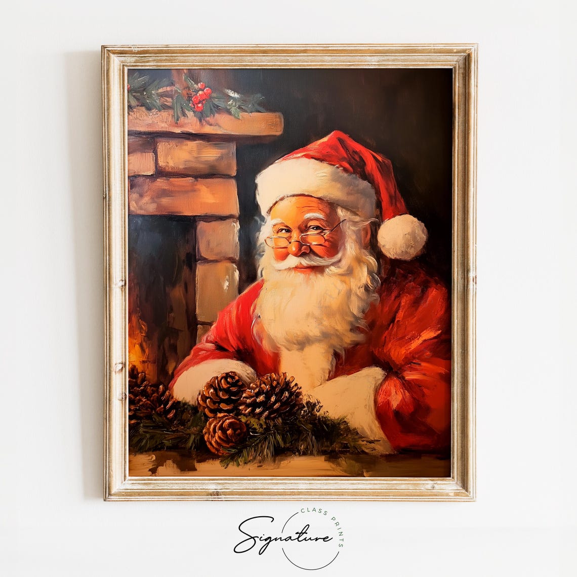 Santa Claus Resting by a Brick Fireplace With Pinecone Garland Poster