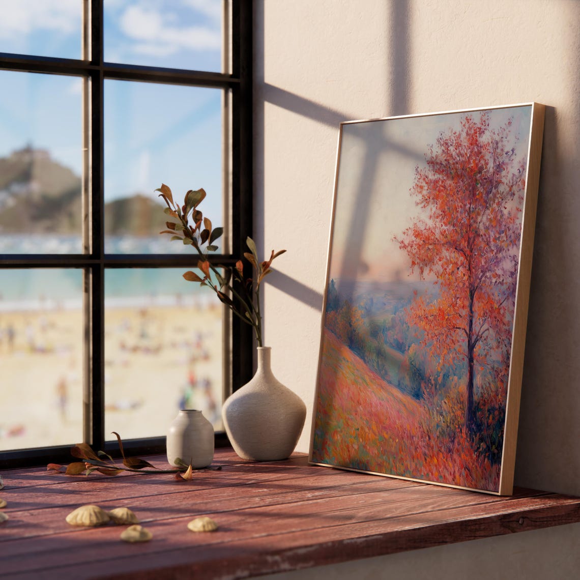 Lone Scarlet Tree Overlooking a Misty Pastel Autumn Valley Poster - Image 5