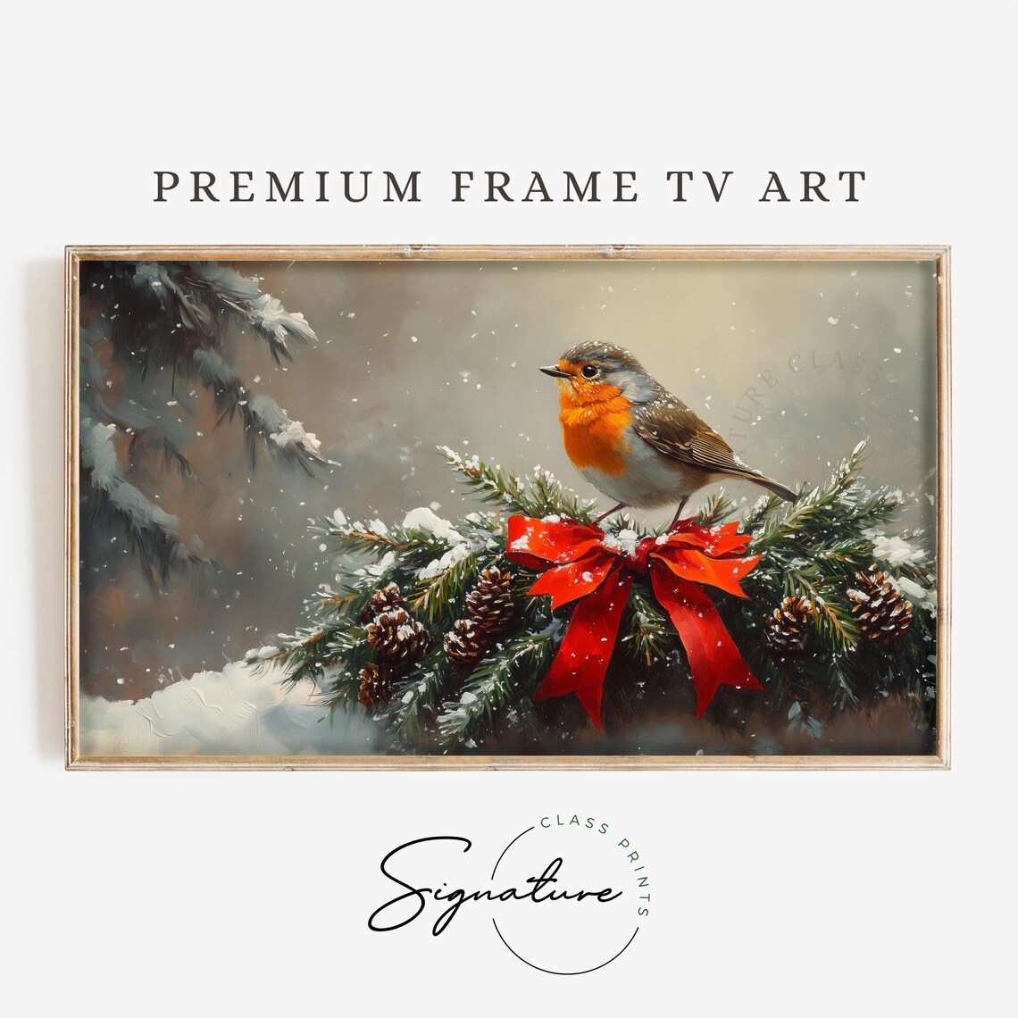 Robin Resting on Snowy Fir Garland With Red Bow Holiday Bird Poster