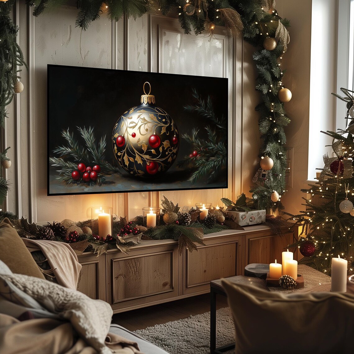 Gold and Black Christmas Ornament Red Baubles Pine Branches Poster - Image 3