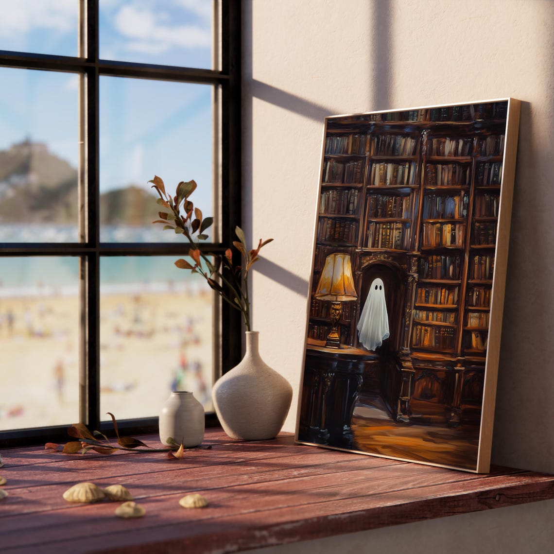 Cute Ghost Grand Library Vintage Bookshelves Lamp Glow Poster - Image 5