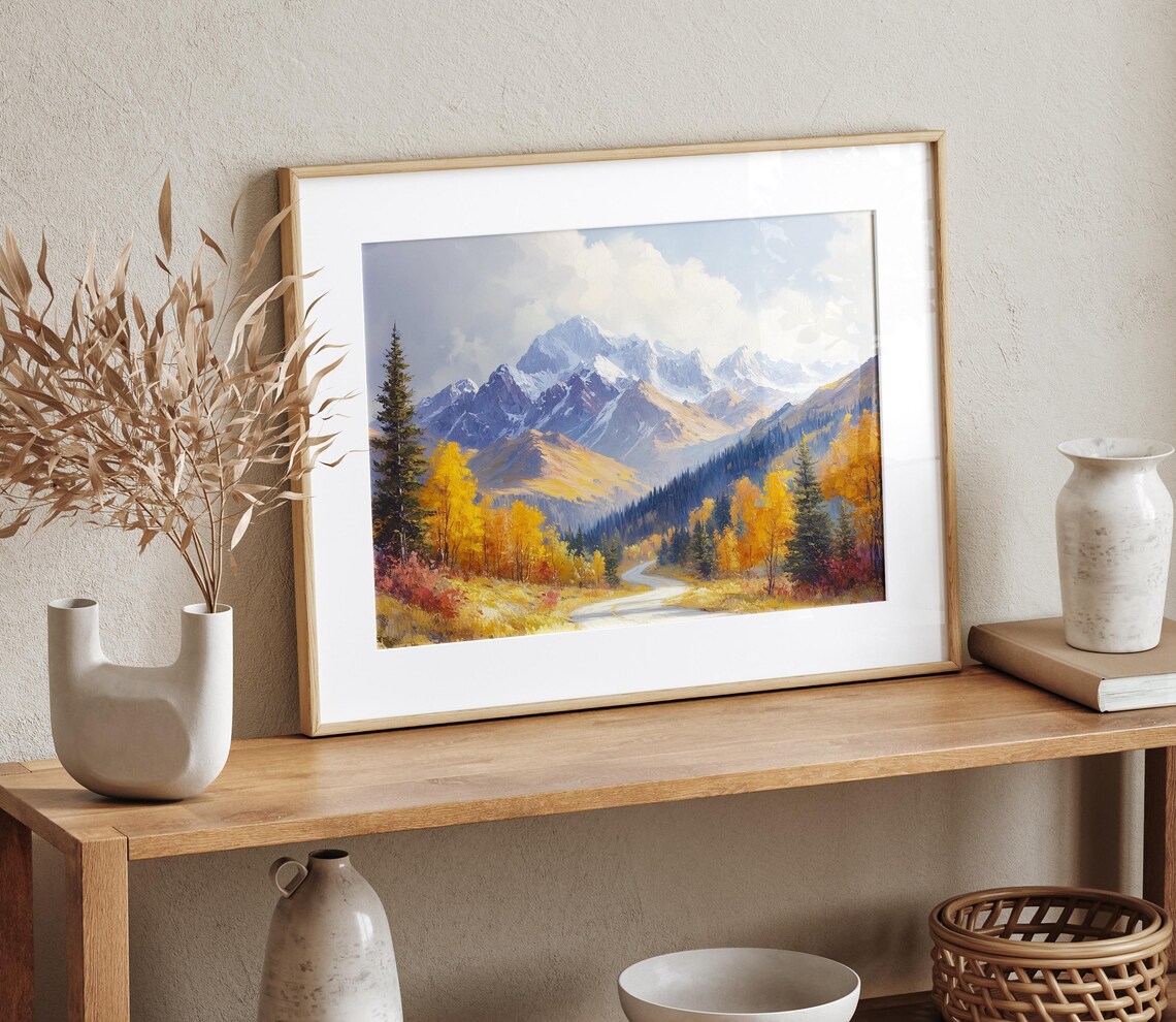 Country Road Golden Autumn Forest Snowy Peaks Oil Painting Poster - Image 4