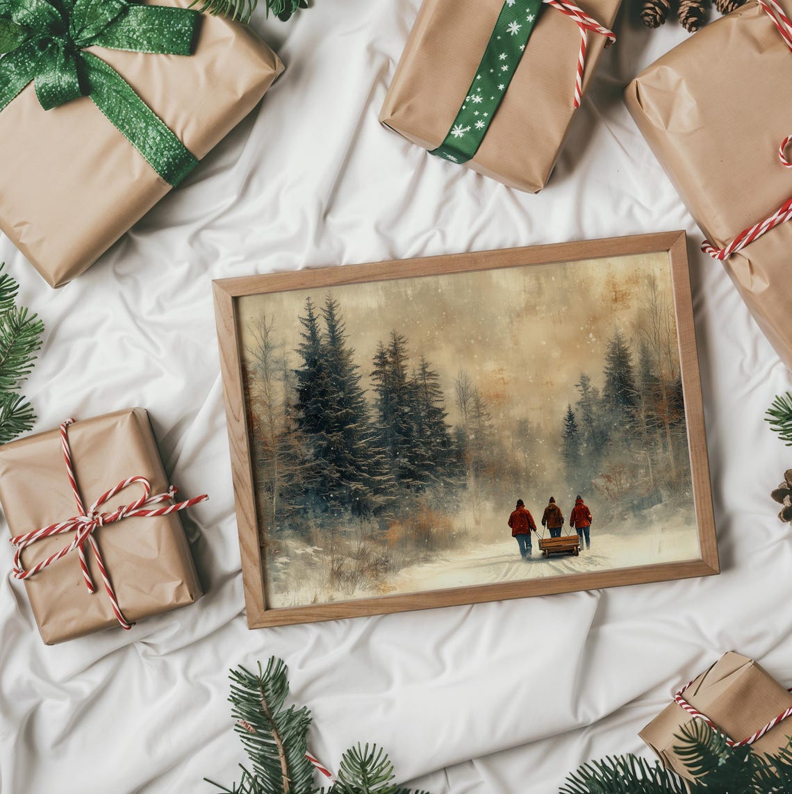 Friends Pulling A Sled Through A Snowy Vintage Forest Poster - Image 2