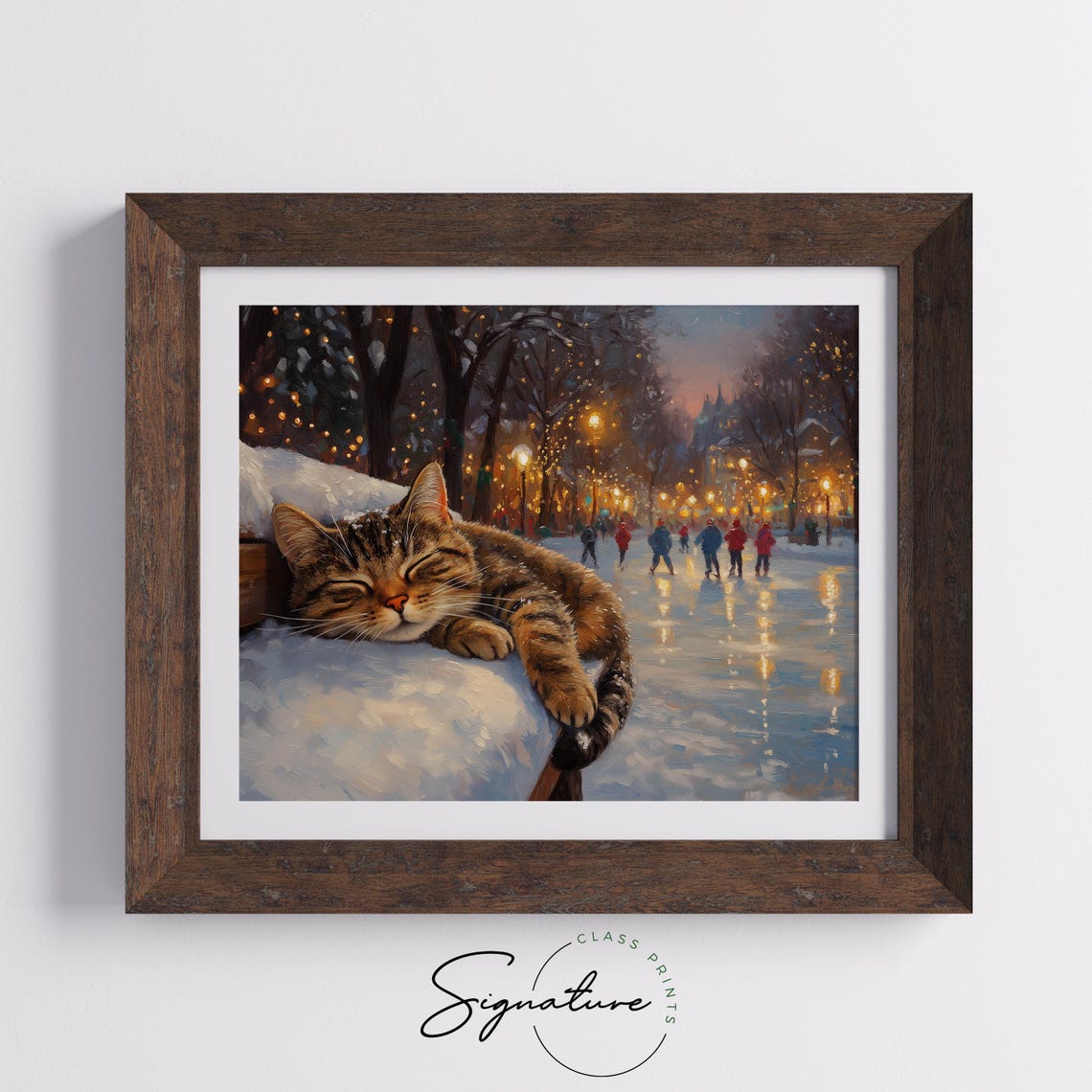 Sleeping Tabby Cat on Snowy Railing with Winter Ice Skaters Poster - Image 5