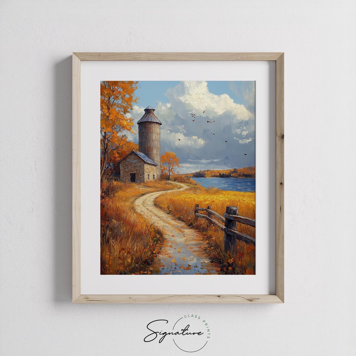 Stone Barn and Silo by the Lake With Winding Path and Rustic Fence Wall Art - Image 3