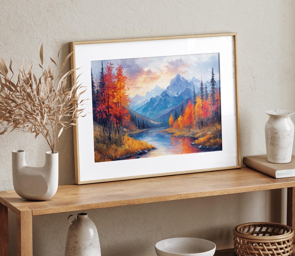 Sunset Mountain Lake Autumn Trees Oil Painting Reflection Poster - Image 4