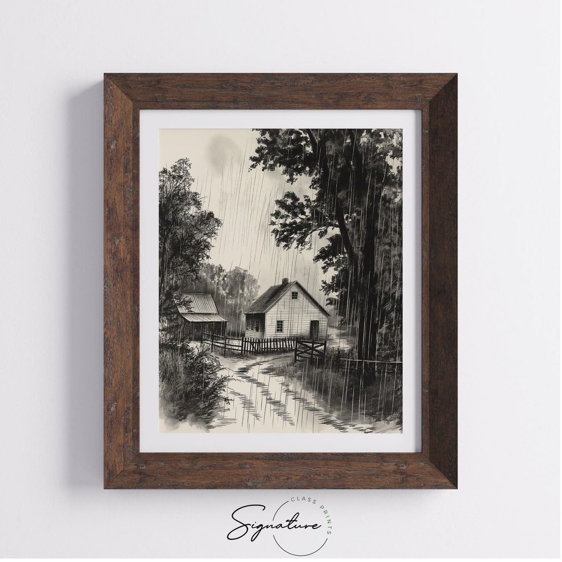 Rain Over Country Farmhouse Fences And Tall Trees Monochrome Poster - Image 4