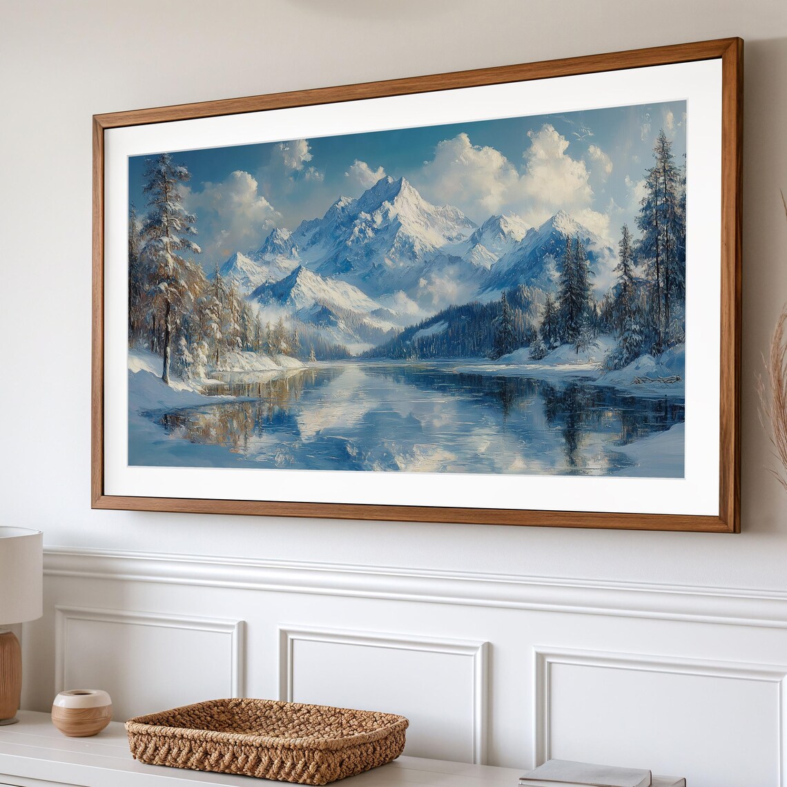 Snowy Mountain Range Mirror Reflection In Alpine Lake Winter Scene Art Poster - Image 2