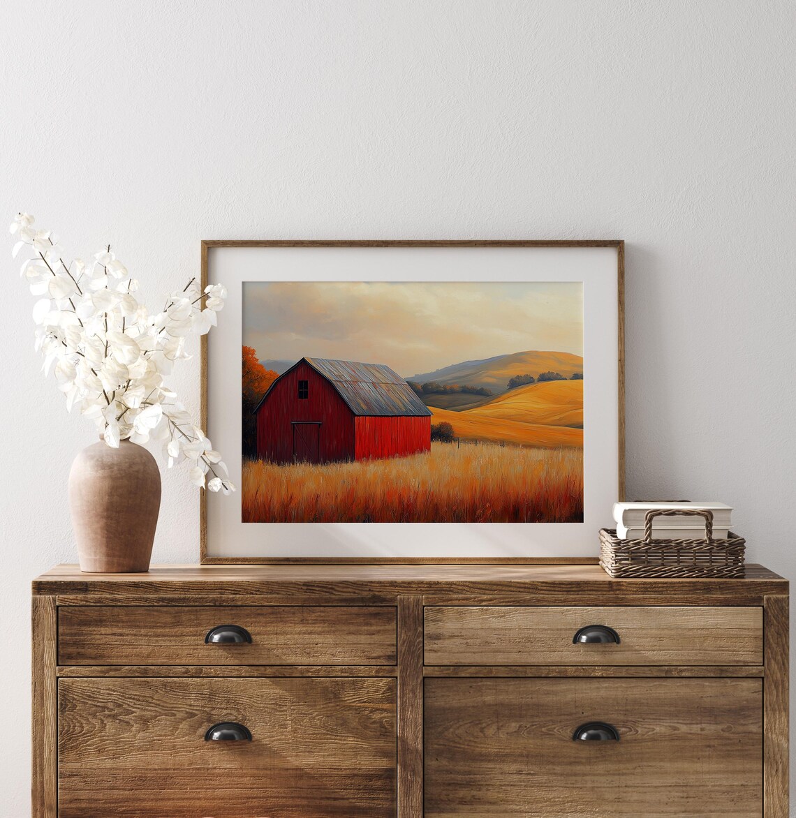 Red Barn Autumn Field Golden Sunset Rolling Hills Farm Wall Art - Image 3