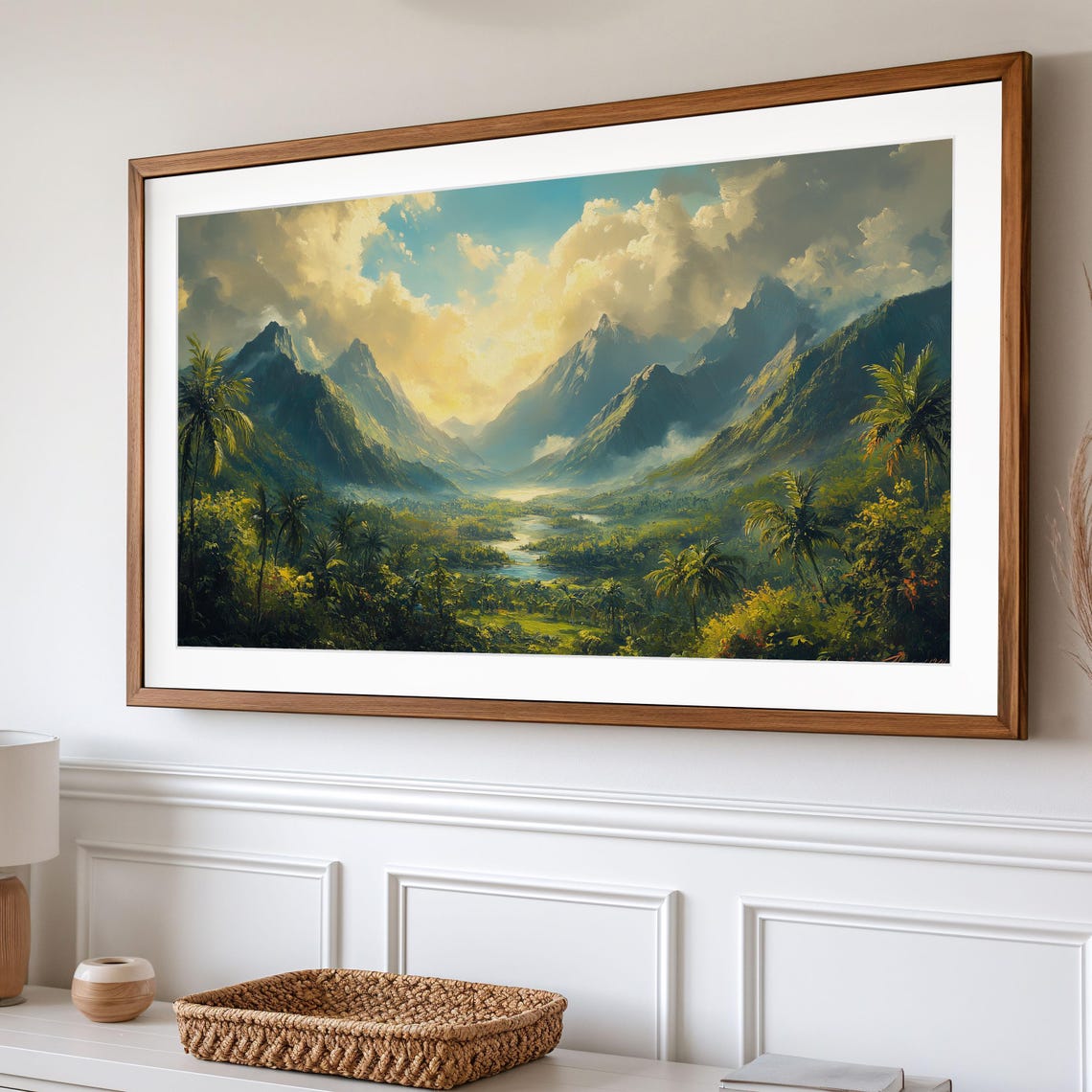 Misty Tropical Mountain Valley River Palms Golden Clouds Wall Art - Image 2