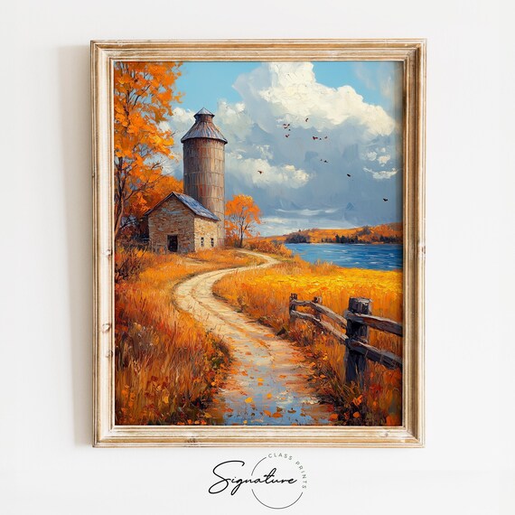 Stone Barn and Silo by the Lake With Winding Path and Rustic Fence Wall Art
