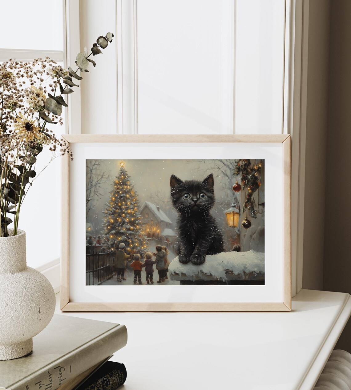 Black Kitten on a Snowy Porch Railing With Christmas Garland Poster - Image 6