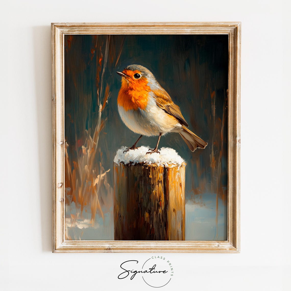 European Robin Perched on a Snow-Covered Fence Post Winter Poster