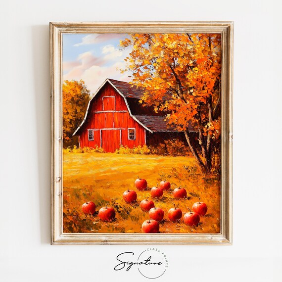 Red Barn with Fallen Apples in Bright Autumn Orchard Scene Poster