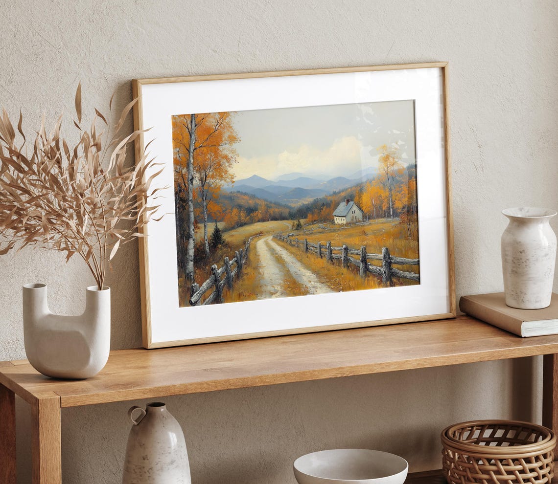 Country Road Between Split Rail Fences to Old Farmhouse Poster - Image 4