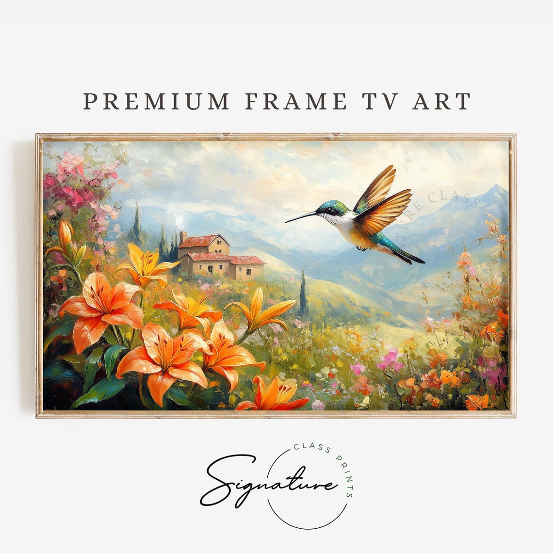 Hummingbird Over Orange Lilies Tuscany Villa Summer Art Poster