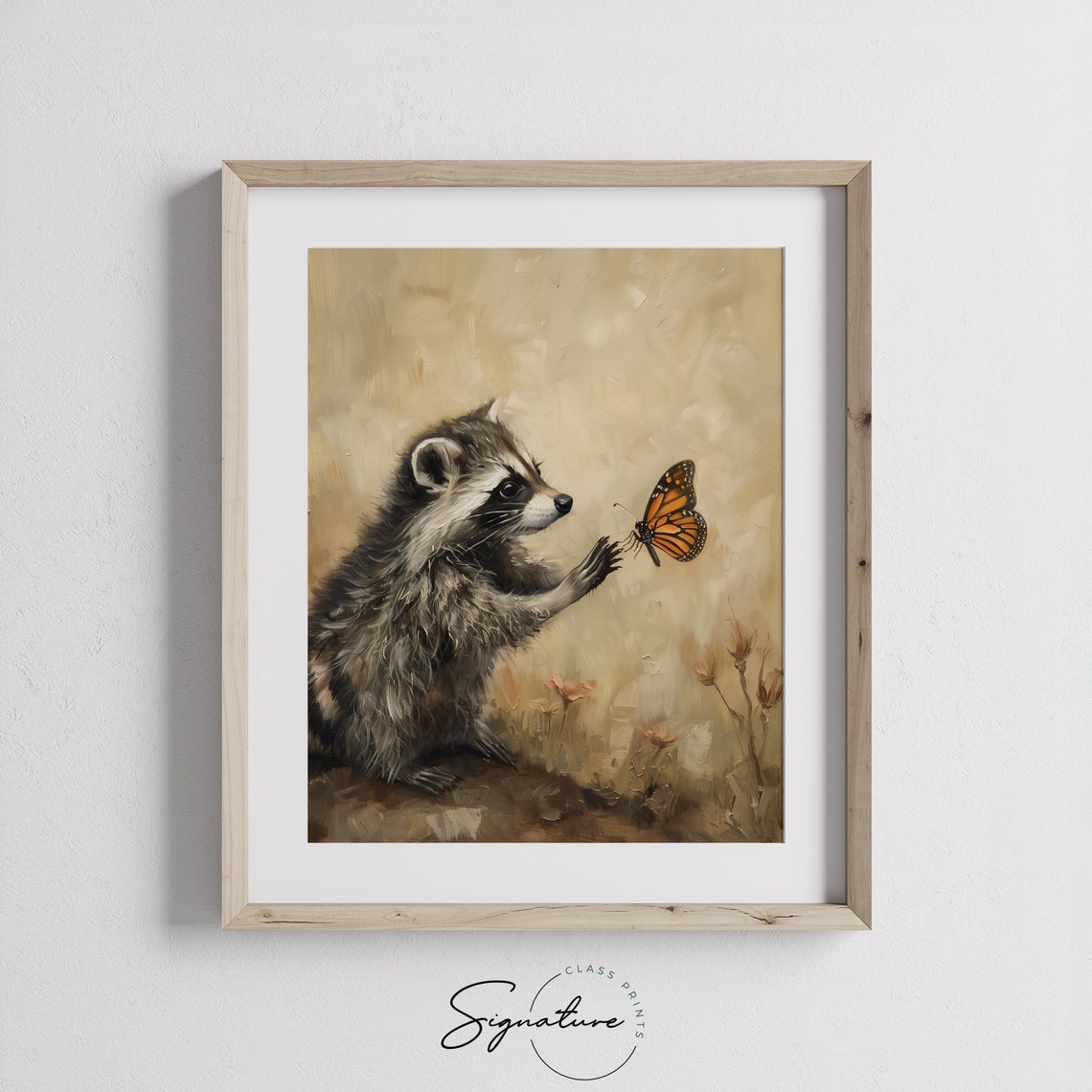 Baby Raccoon Reaching for Monarch Butterfly Cute Animal Poster - Image 3