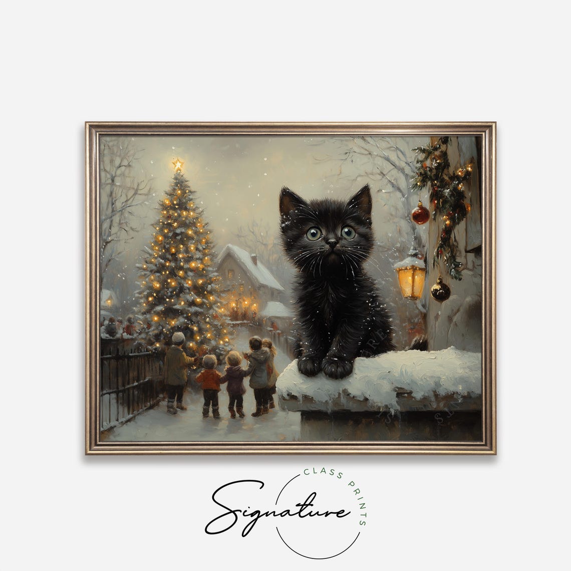 Black Kitten on a Snowy Porch Railing With Christmas Garland Poster - Image 4