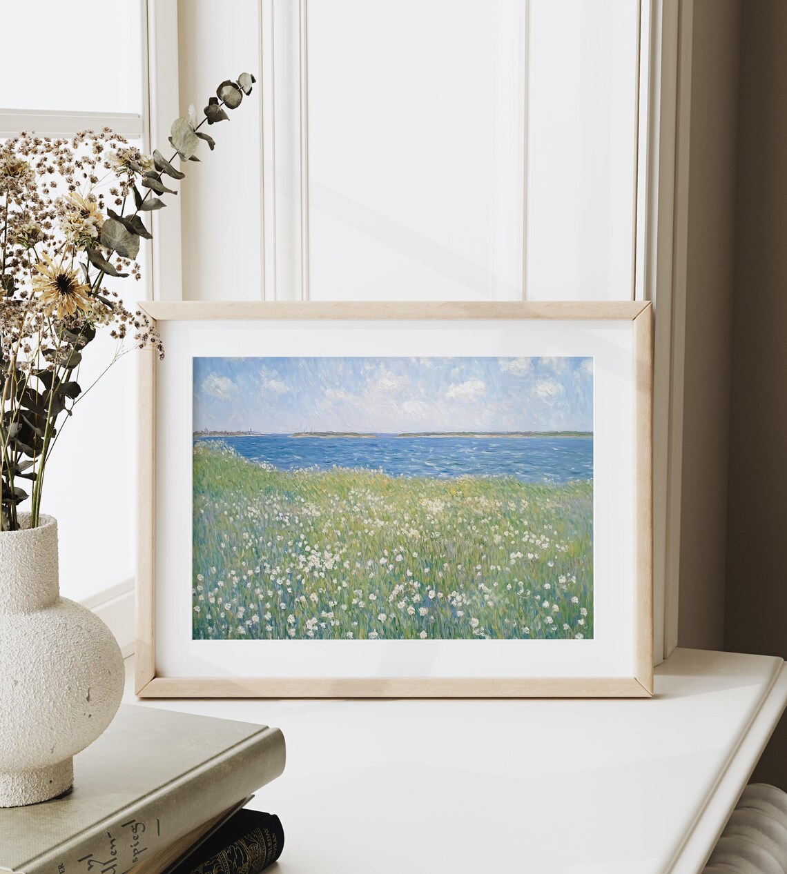White Wildflowers By Coastal Water Blue Sea Summer Impressionist Poster - Image 6