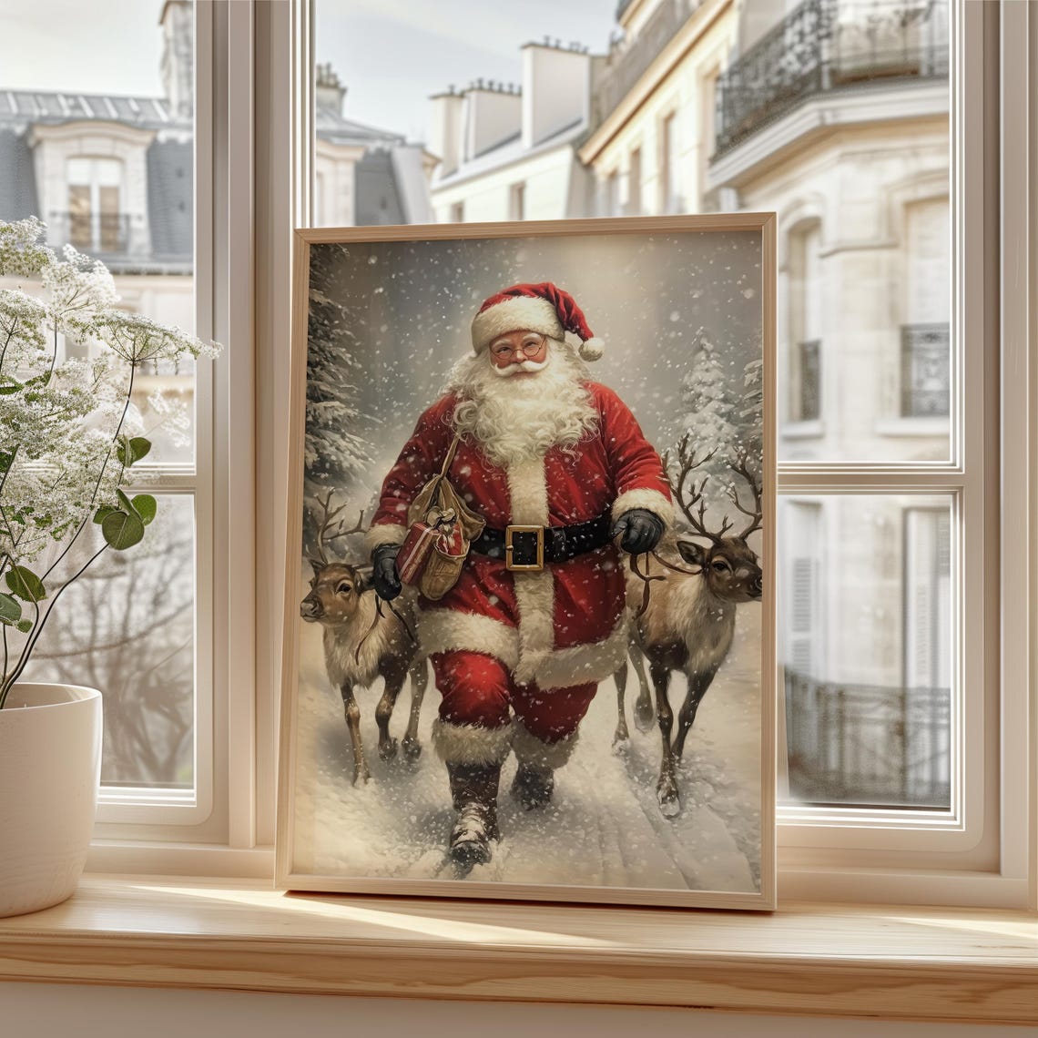 Santa Claus Carrying Gifts with Reindeer Through Falling Snow Poster - Image 3